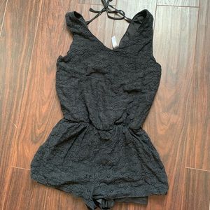 Synched waist black lace romper